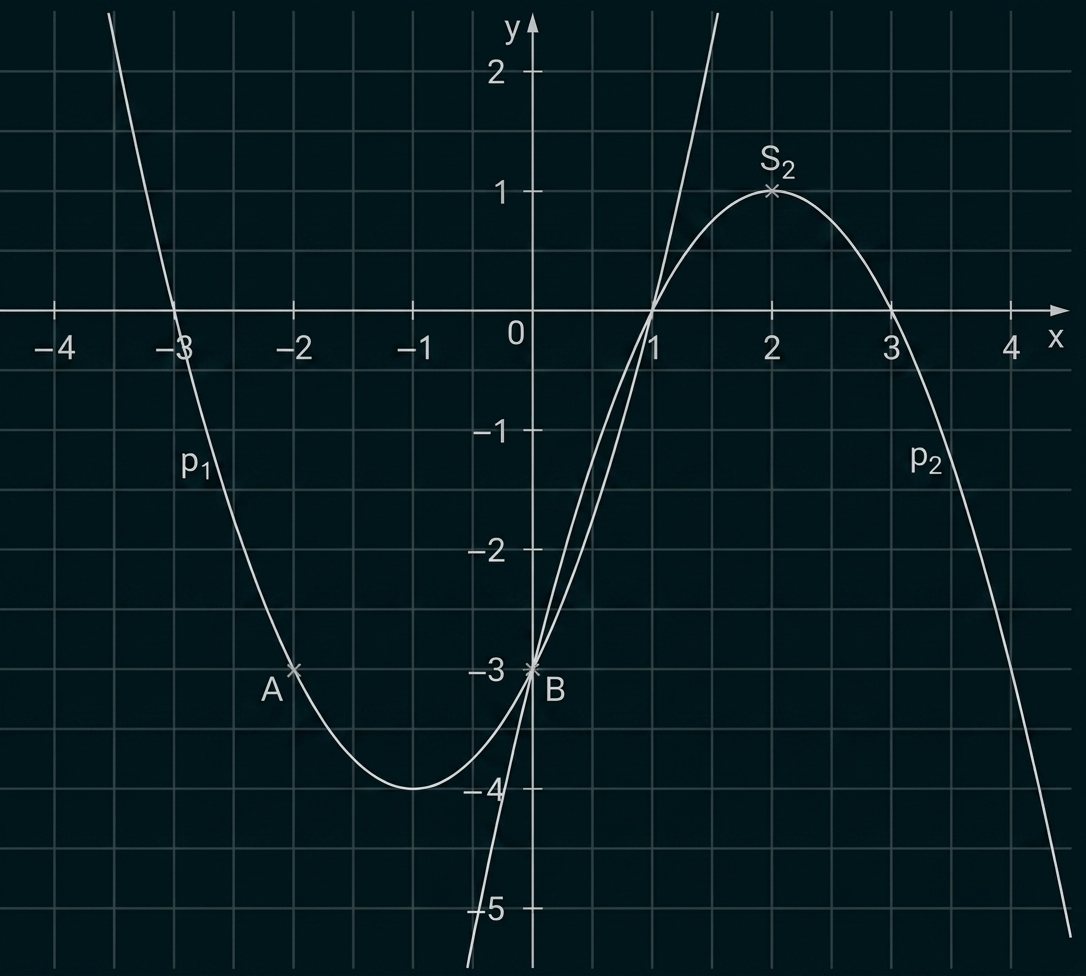 Graph mit zwei Parabeln und markierten Punkten A, B und S2.